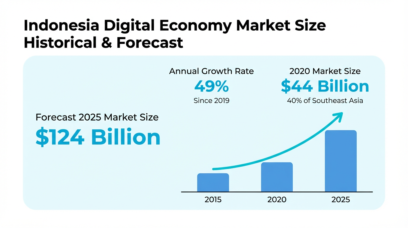 Chart showing Indonesia's digital economy market size growth: Forecast to reach $124 Billion by 2025 with a 49% annual growth rate since 2019.