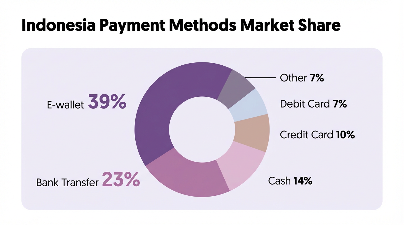 Pie chart of Indonesia payment methods market share: E-wallet (39%), Bank Transfer (23%), Cash (14%), Credit Card (10%).