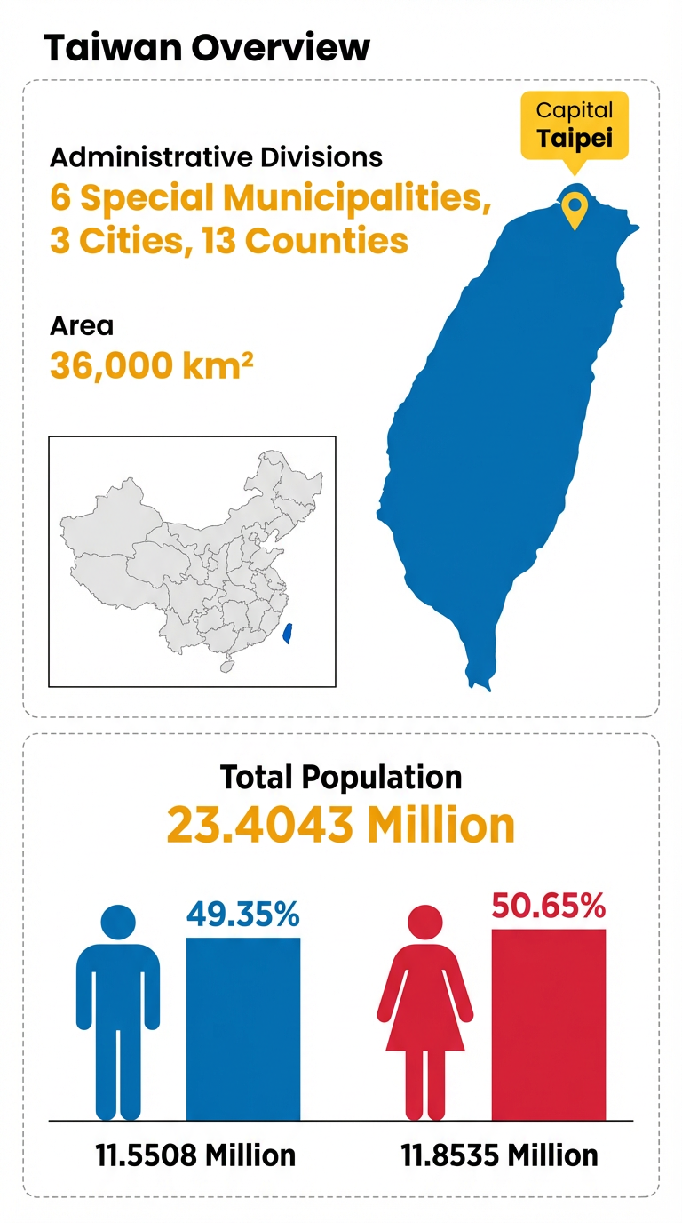 Infographic of Taiwan's basic information showing a population of 23.4 million, administrative divisions, and a map highlighting Taipei.