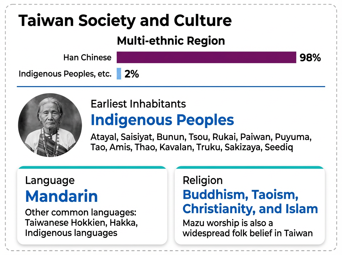 Overview of Taiwan's society and culture: 98% Han Chinese population, Mandarin as the main language, and diverse religious beliefs.